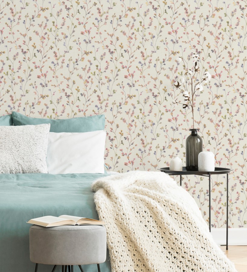Papel pintado efecto lienzo de flores multicolores texturizado  Amaris Sprig 685108