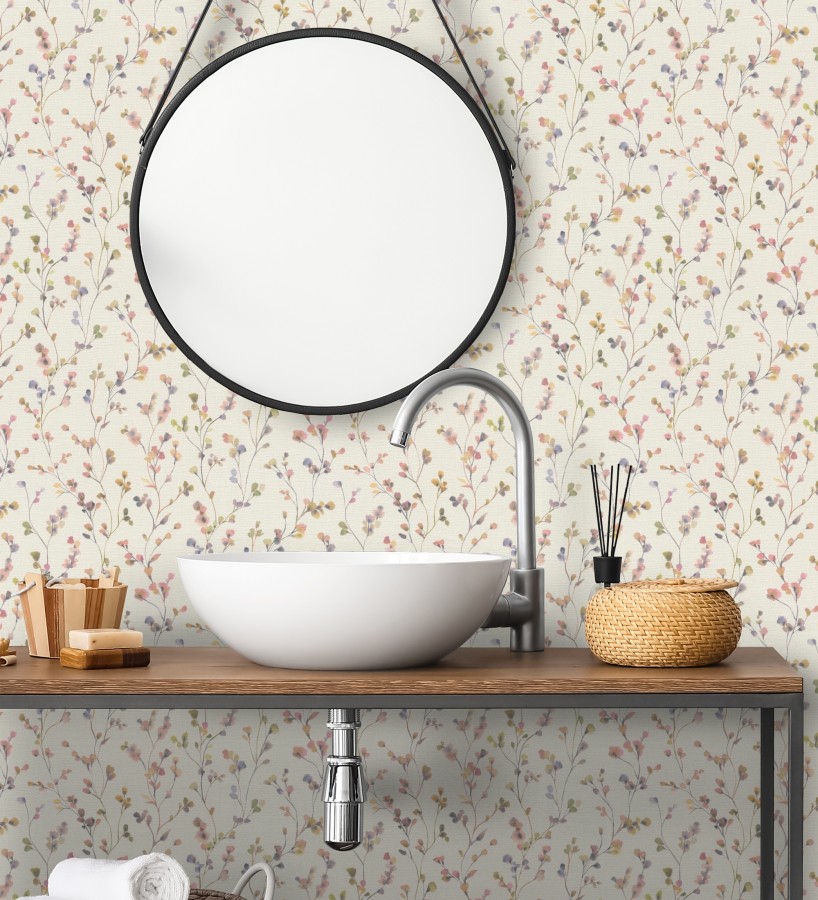 Papel pintado efecto lienzo de flores multicolores texturizado  Amaris Sprig 685108