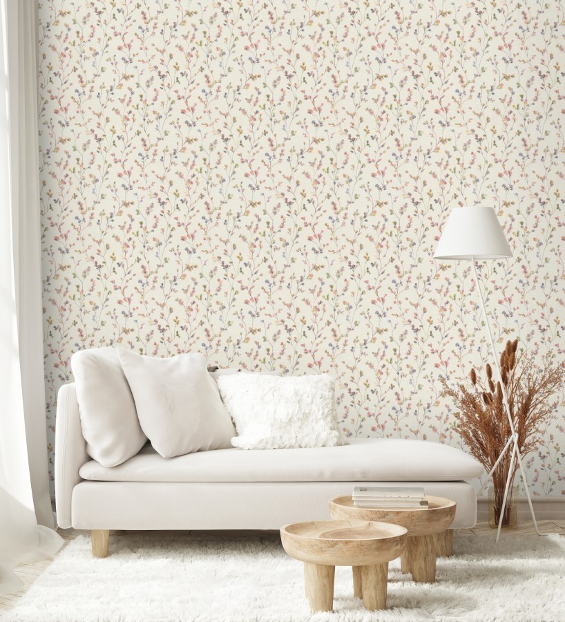 Papel pintado efecto lienzo de flores multicolores texturizado  Amaris Sprig 685108