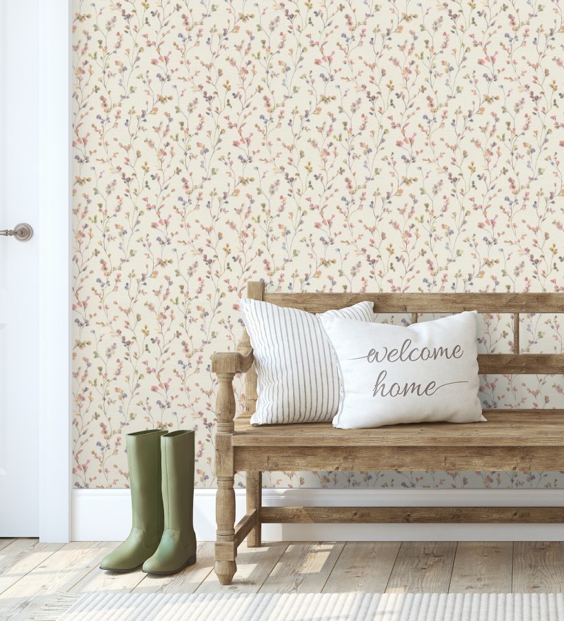 Papel pintado efecto lienzo de flores multicolores texturizado  Amaris Sprig 685108