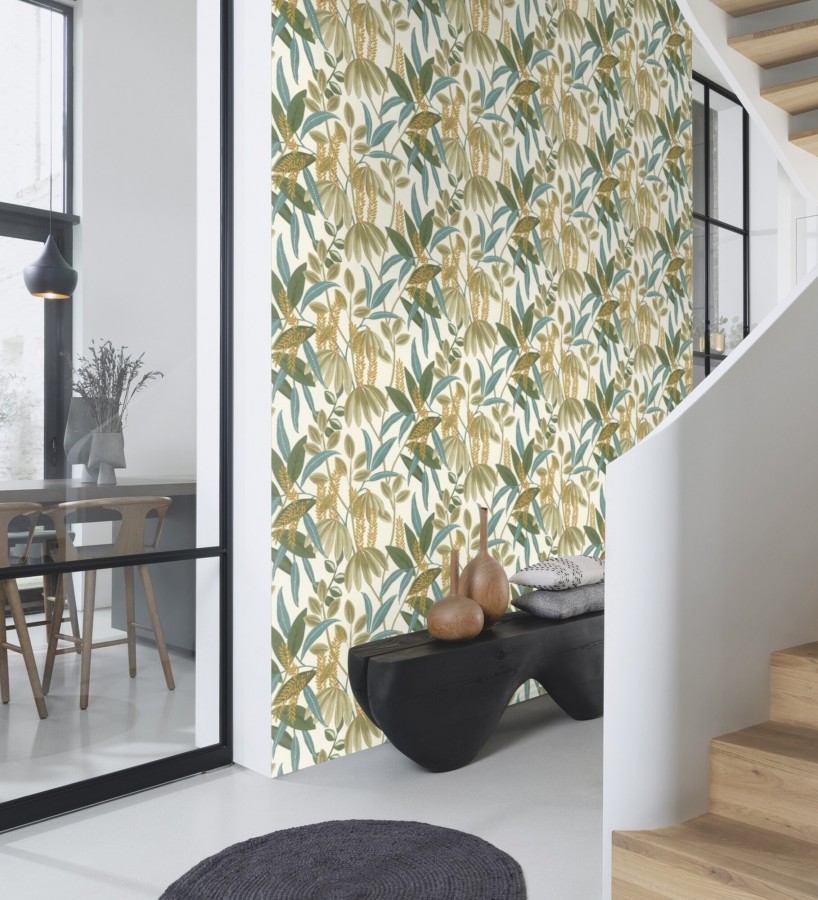 Papel pintado hojas exóticas sobre lienzo lino  Malindi Tropical 685110