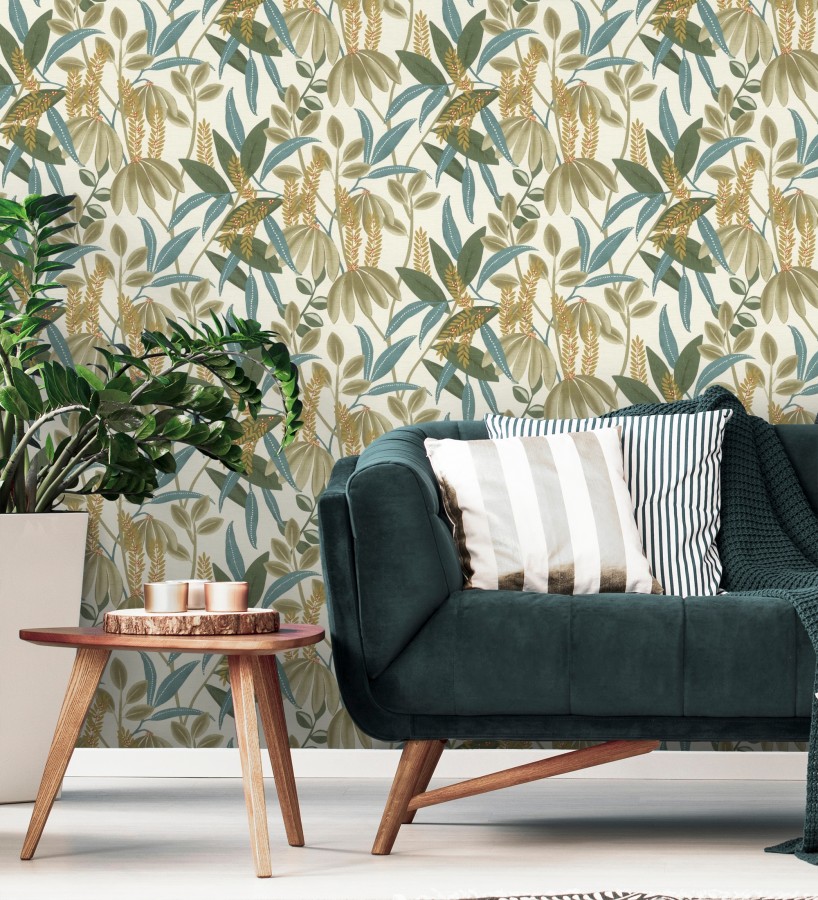 Papel pintado hojas exóticas sobre lienzo lino  Malindi Tropical 685110