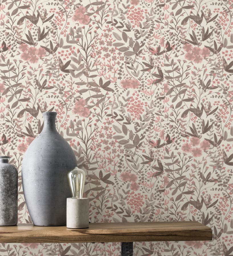 Papel pintado estilo liberty botánico rosa empolvado  Sara Pretty 685111