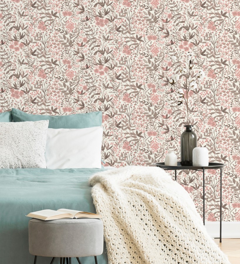 Papel pintado estilo liberty botánico rosa empolvado  Sara Pretty 685111