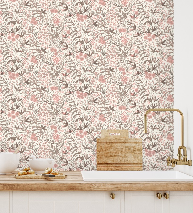 Papel pintado estilo liberty botánico rosa empolvado  Sara Pretty 685111