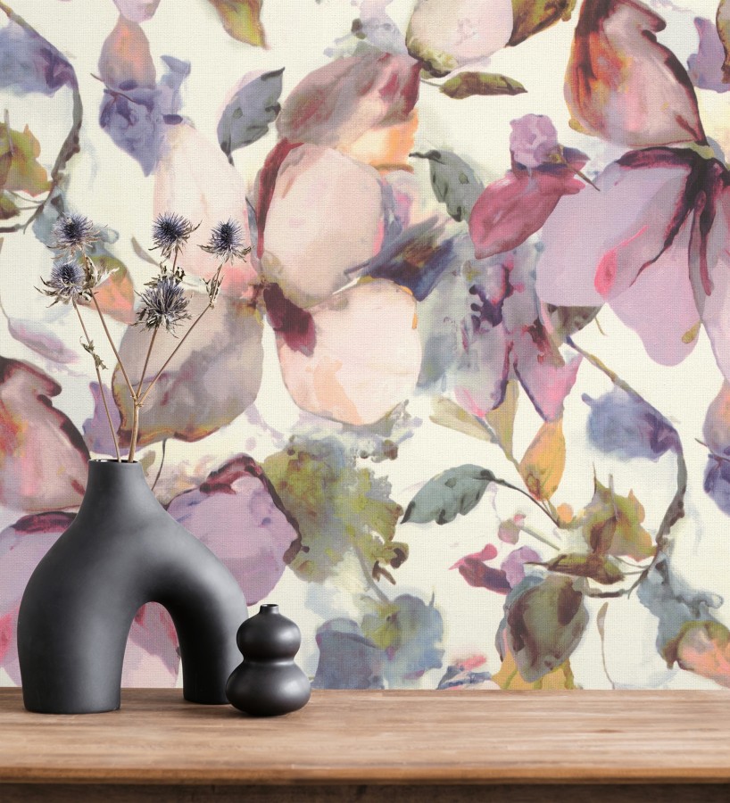 Papel pintado arte abstracto floral con acuarelas sobre lienzo texturado  Claude Watercolor 685112