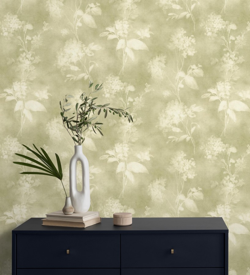 Papel pintado siluetas florales verde textura lienzo  Provence Romantic 685115