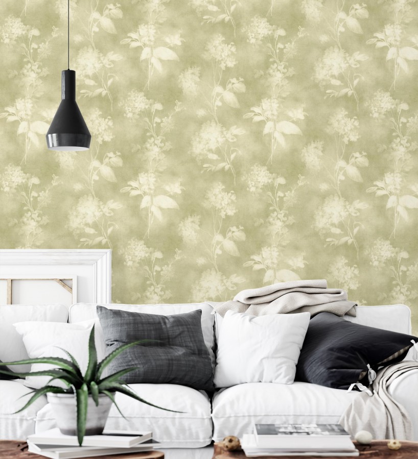Papel pintado siluetas florales verde textura lienzo  Provence Romantic 685115