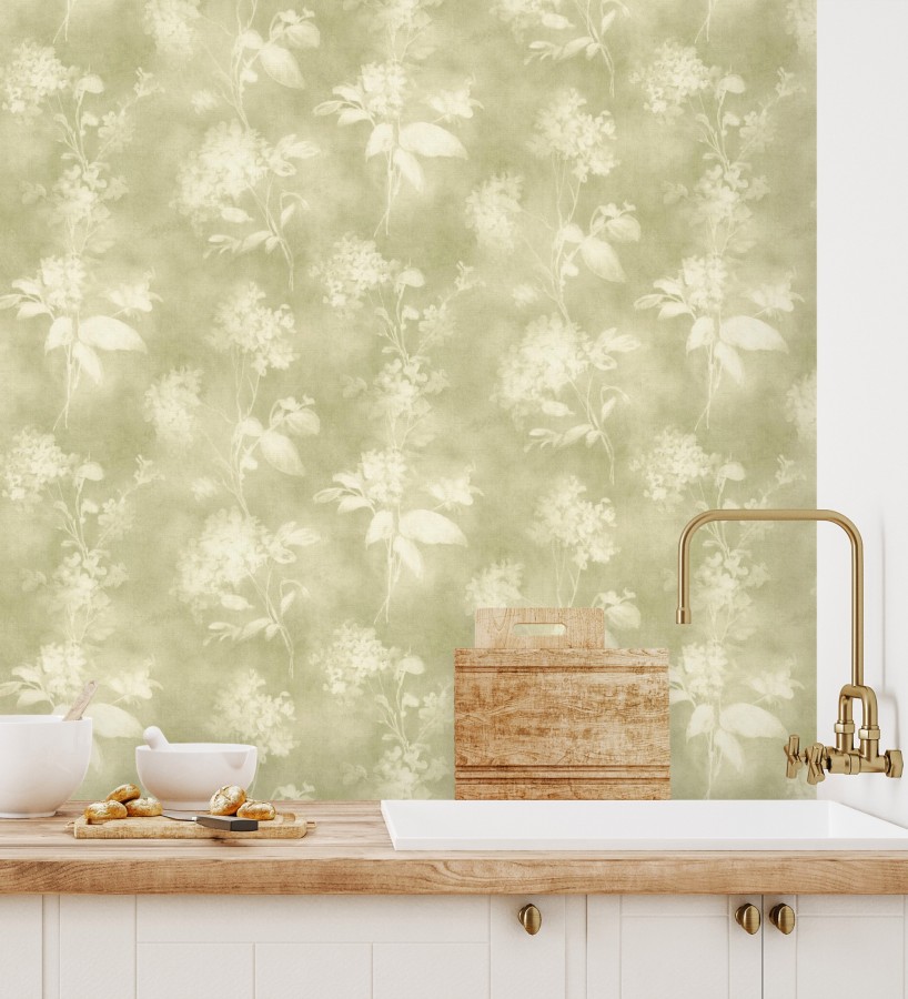 Papel pintado siluetas florales verde textura lienzo  Provence Romantic 685115
