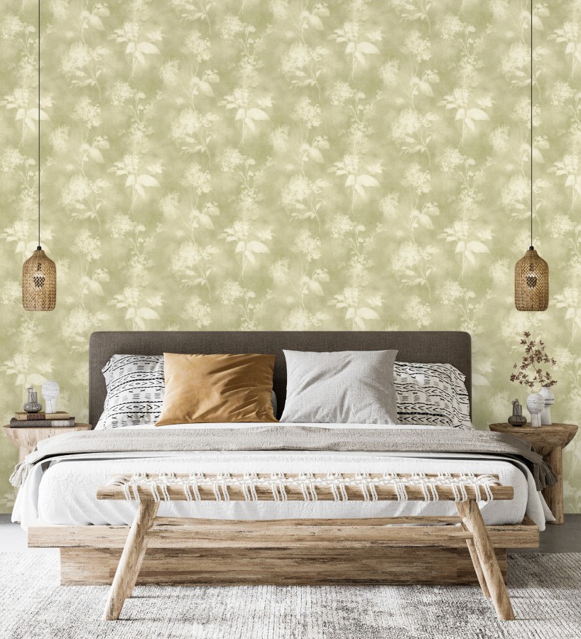 Papel pintado siluetas florales verde textura lienzo  Provence Romantic 685115