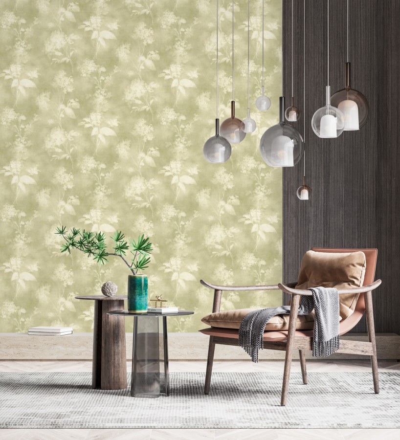 Papel pintado siluetas florales verde textura lienzo  Provence Romantic 685115