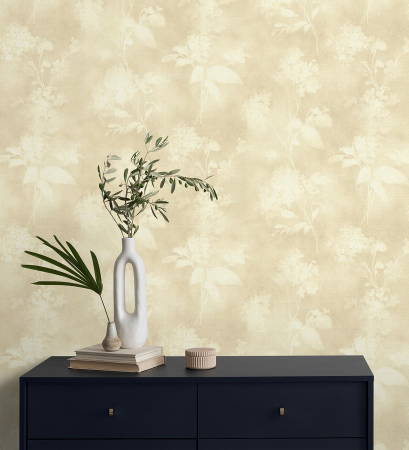 Papel pintado siluetas florales beige textura lienzo  Provence Romantic 685116