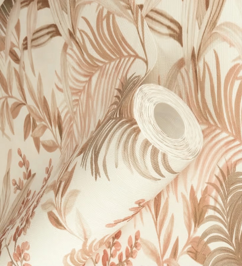 Papel pintado hojas palmeras terracota fondo lienzo blanco roto  Nairobi Botanical 685122