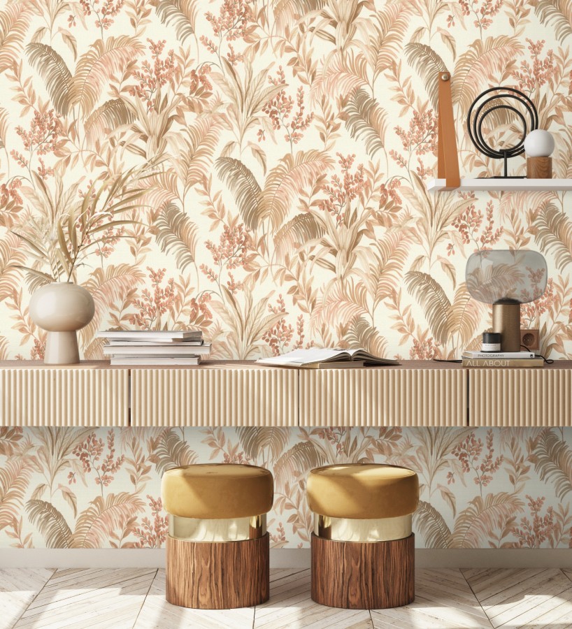 Papel pintado hojas palmeras terracota fondo lienzo blanco roto  Nairobi Botanical 685122