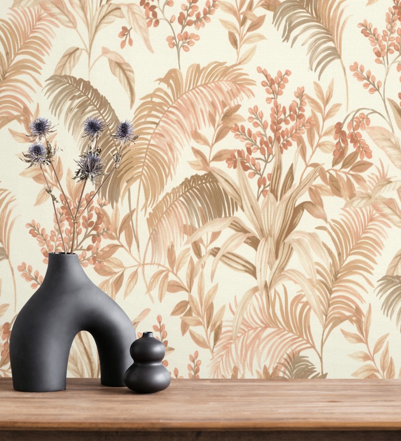 Papel pintado hojas palmeras terracota fondo lienzo blanco roto  Nairobi Botanical 685122