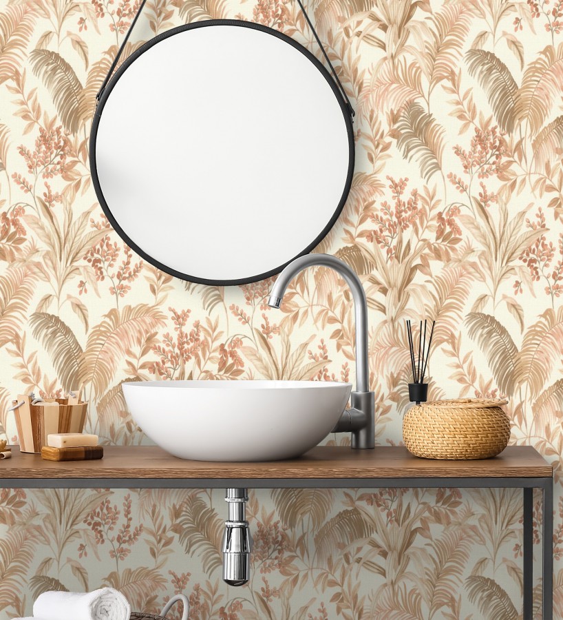 Papel pintado hojas palmeras terracota fondo lienzo blanco roto  Nairobi Botanical 685122
