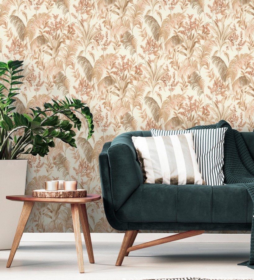 Papel pintado hojas palmeras terracota fondo lienzo blanco roto  Nairobi Botanical 685122