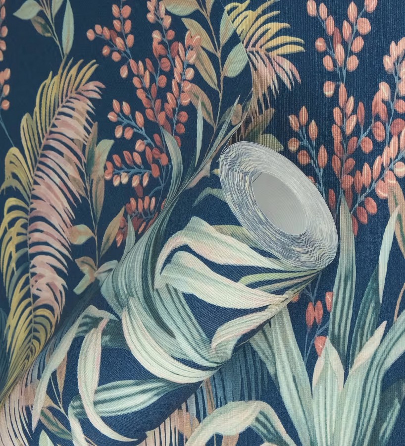 Papel pintado hojas palmeras tropicales fondo lienzo azul medianoche  Nairobi Botanical 685123
