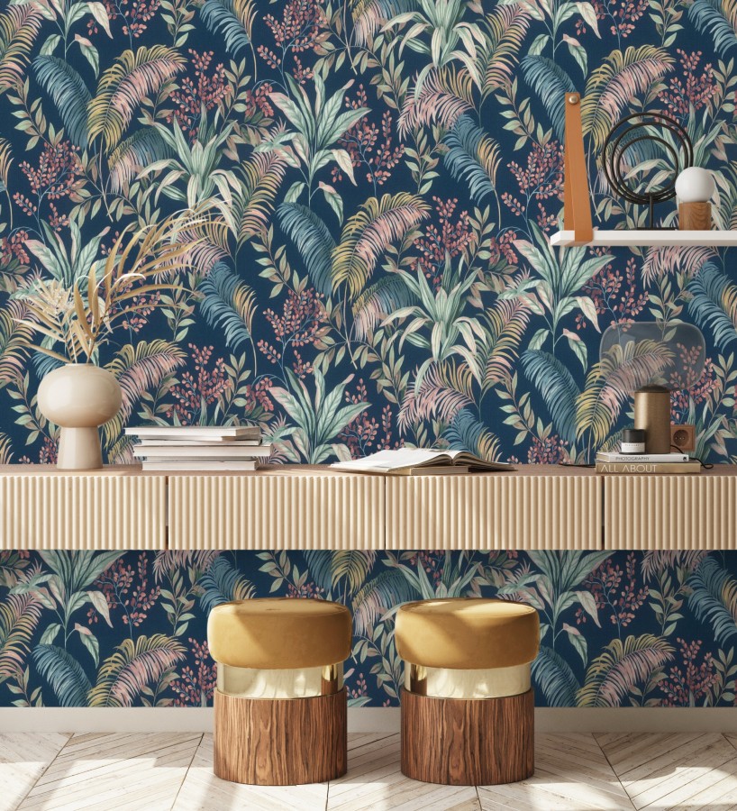 Papel pintado hojas palmeras tropicales fondo lienzo azul medianoche  Nairobi Botanical 685123