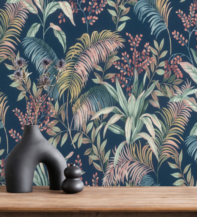Papel pintado hojas palmeras tropicales fondo lienzo azul medianoche  Nairobi Botanical 685123