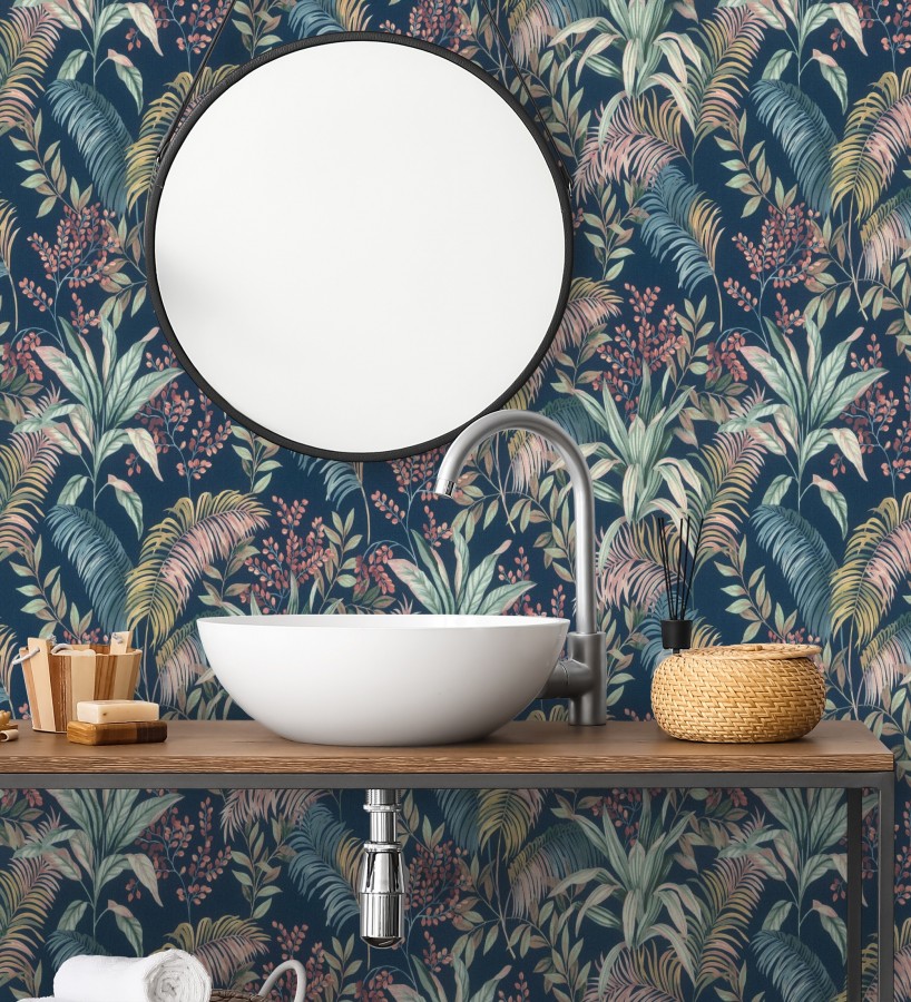 Papel pintado hojas palmeras tropicales fondo lienzo azul medianoche  Nairobi Botanical 685123