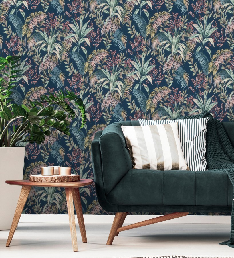 Papel pintado hojas palmeras tropicales fondo lienzo azul medianoche  Nairobi Botanical 685123