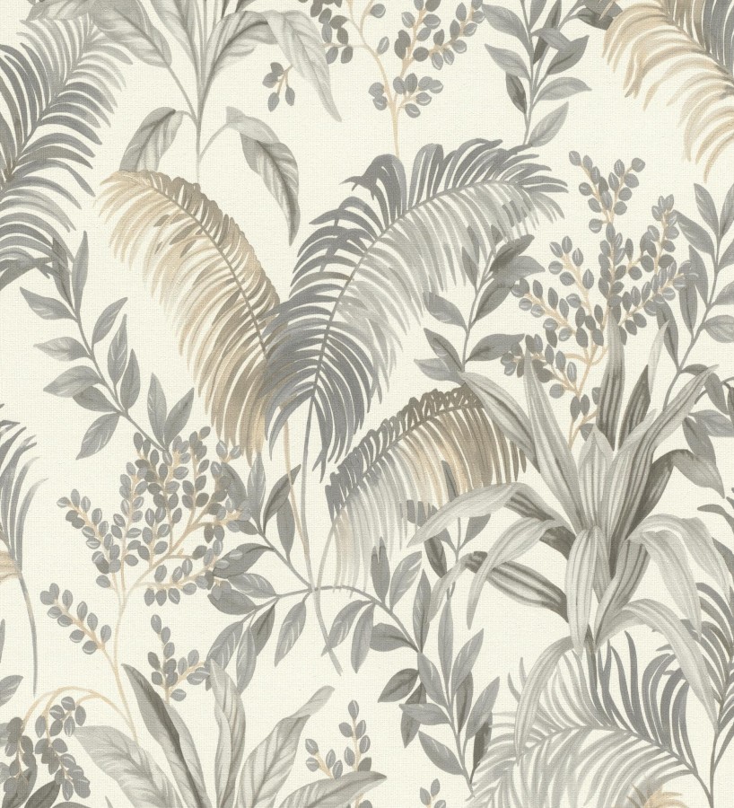 Papel pintado hojas palmeras gris y beige fondo lienzo blanco roto  Nairobi Botanical 685124