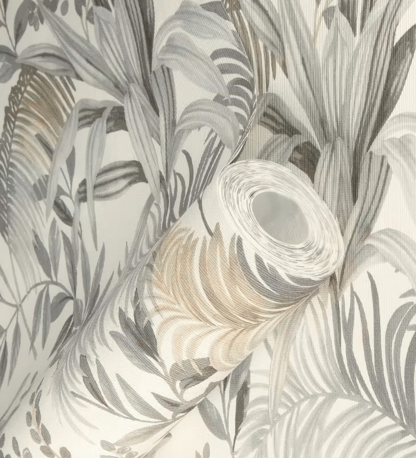 Papel pintado hojas palmeras gris y beige fondo lienzo blanco roto  Nairobi Botanical 685124