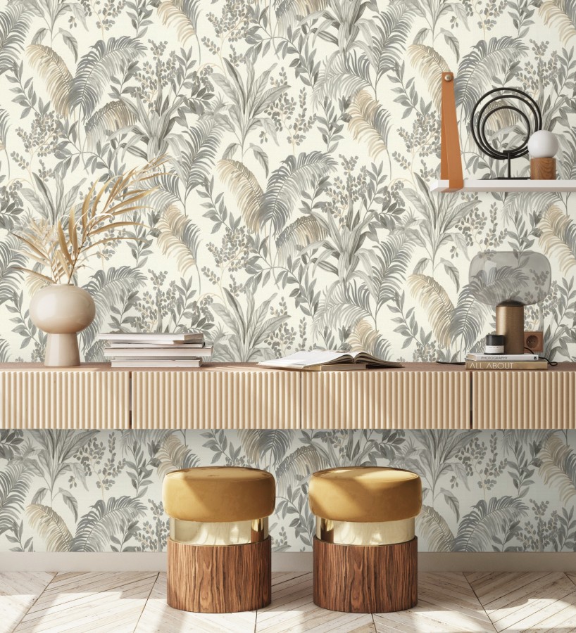 Papel pintado hojas palmeras gris y beige fondo lienzo blanco roto  Nairobi Botanical 685124