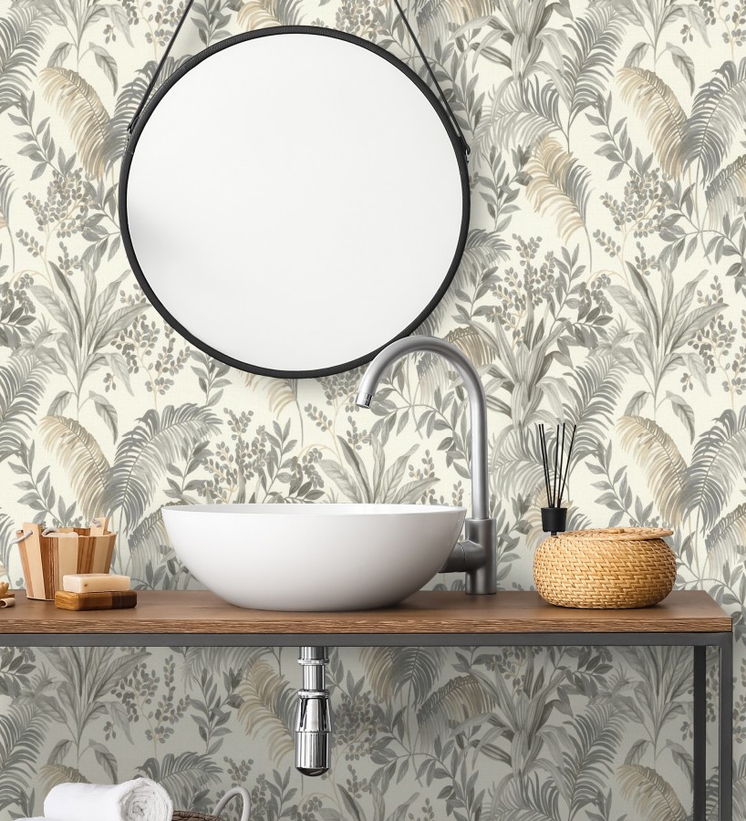 Papel pintado hojas palmeras gris y beige fondo lienzo blanco roto  Nairobi Botanical 685124
