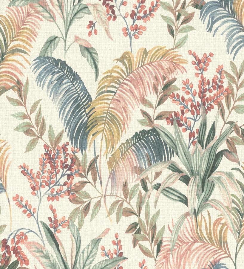 Papel pintado hojas palmeras multicolor fondo lienzo blanco roto  Nairobi Botanical 685125