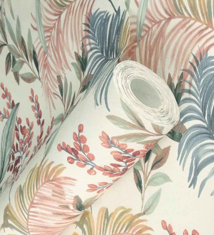 Papel pintado hojas palmeras multicolor fondo lienzo blanco roto  Nairobi Botanical 685125