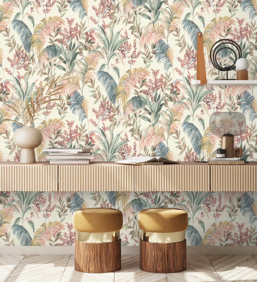 Papel pintado hojas palmeras multicolor fondo lienzo blanco roto  Nairobi Botanical 685125
