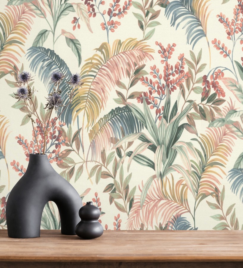 Papel pintado hojas palmeras multicolor fondo lienzo blanco roto  Nairobi Botanical 685125