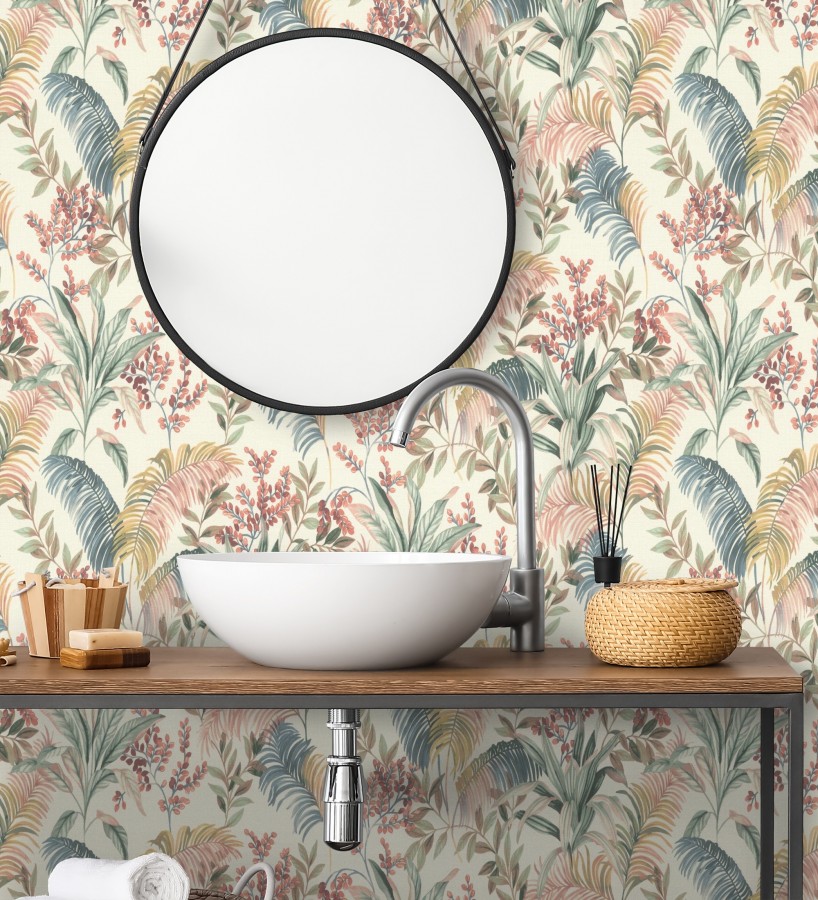 Papel pintado hojas palmeras multicolor fondo lienzo blanco roto  Nairobi Botanical 685125