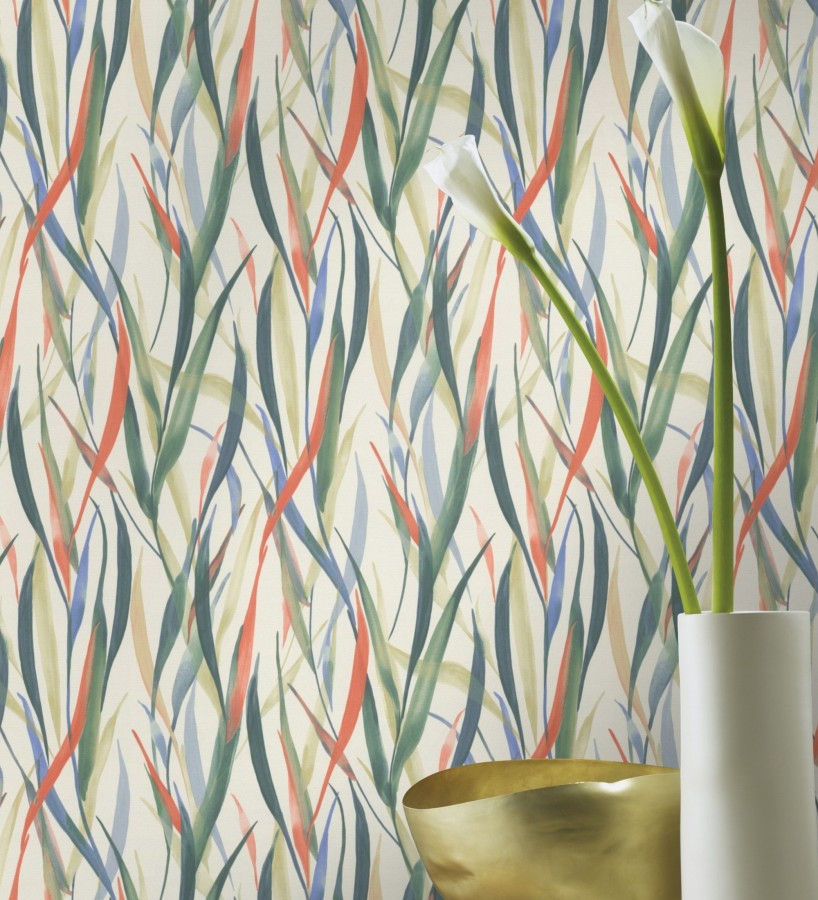 Papel pintado algas marinas acuarela azul verde y naranja  Carolina Bay 685128