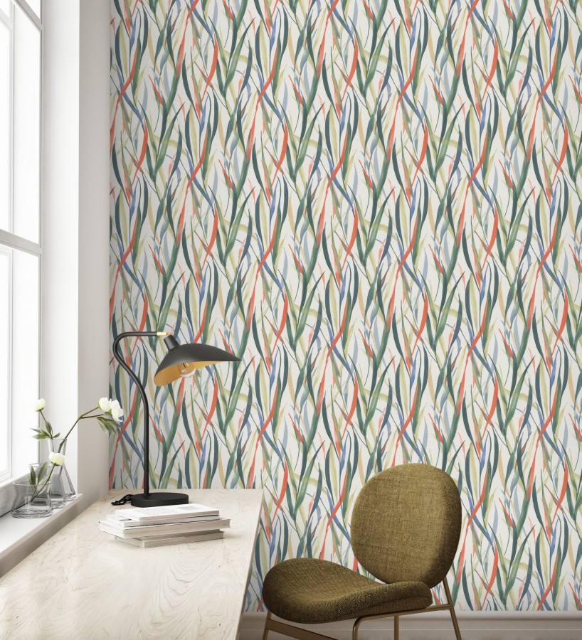 Papel pintado algas marinas acuarela azul verde y naranja  Carolina Bay 685128