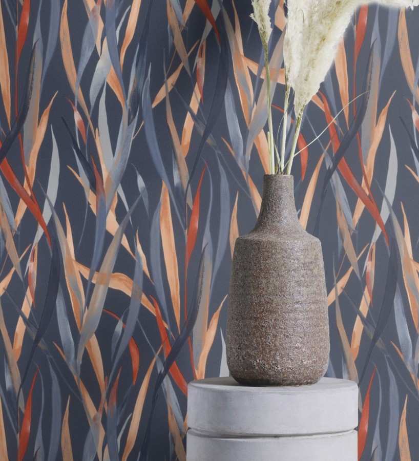 Papel pintado algas marinas acuarela tonos azul ocre y rojo  Carolina Bay 685129