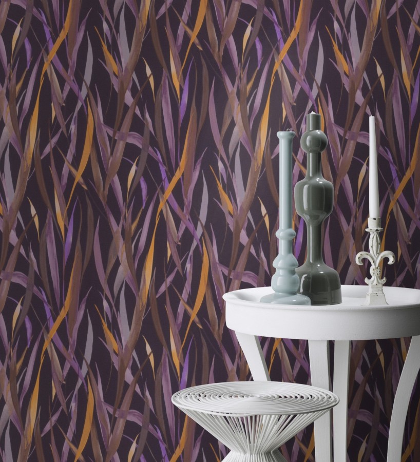 Papel pintado algas marinas acuarela tonos violetas y amarillo mostaza  Carolina Bay 685130