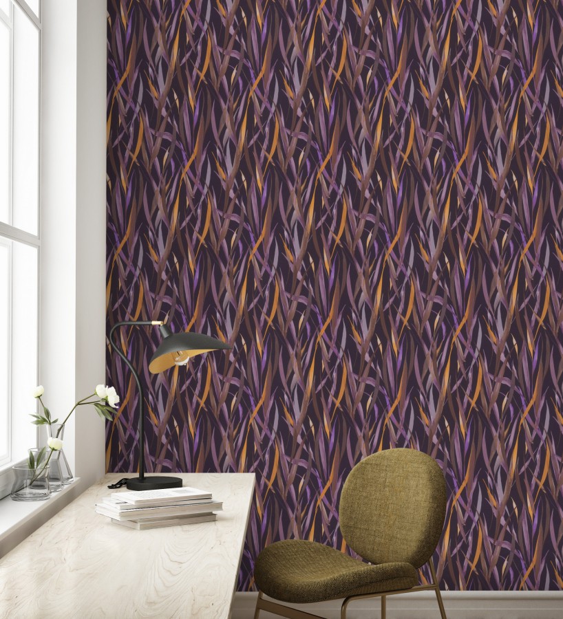 Papel pintado algas marinas acuarela tonos violetas y amarillo mostaza  Carolina Bay 685130