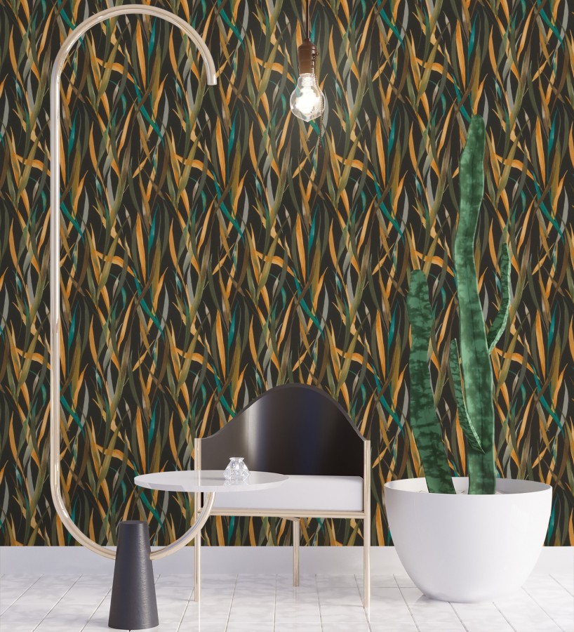 Papel pintado algas marinas acuarela tonos verdes mostaza y turquesa  Carolina Bay 685131