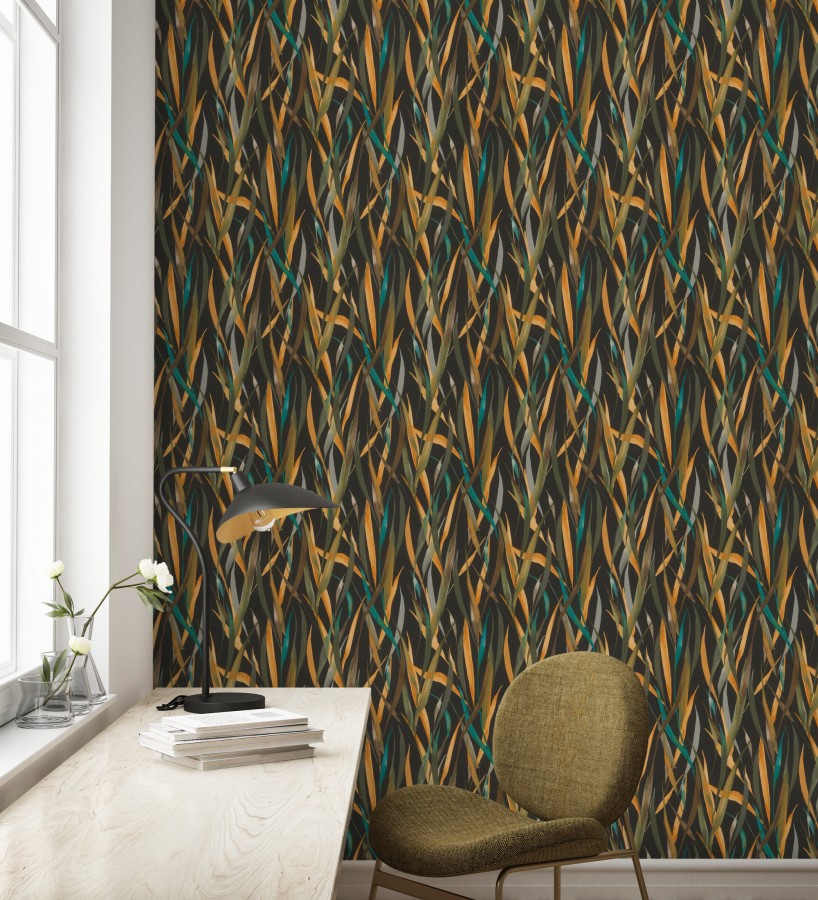 Papel pintado algas marinas acuarela tonos verdes mostaza y turquesa  Carolina Bay 685131