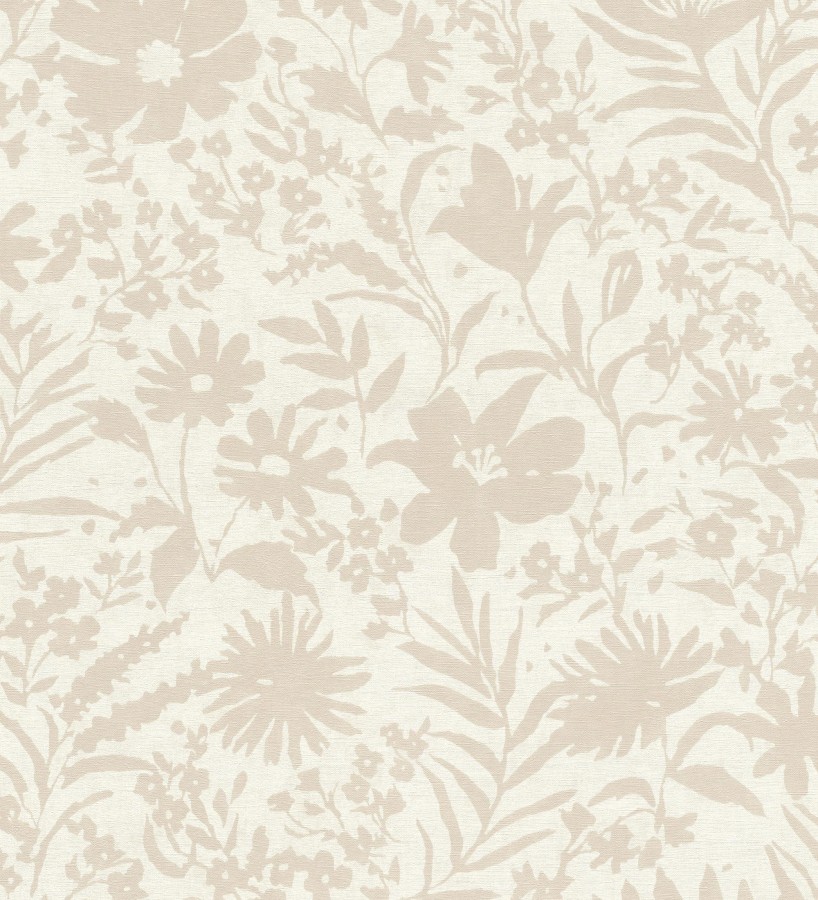 Papel pintado lienzo botánico de flores texturizado beige  Zinnia Sketch 685132