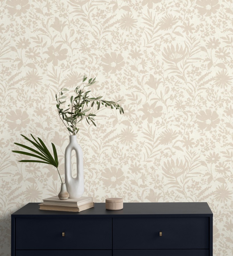 Papel pintado lienzo botánico de flores texturizado beige  Zinnia Sketch 685132