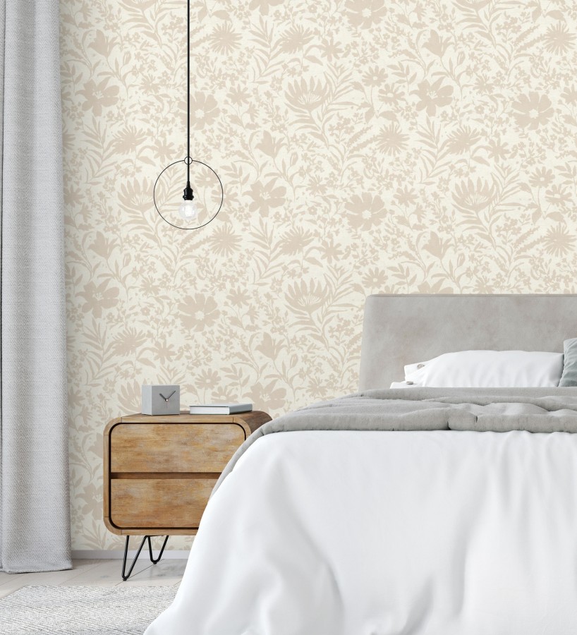 Papel pintado lienzo botánico de flores texturizado beige  Zinnia Sketch 685132