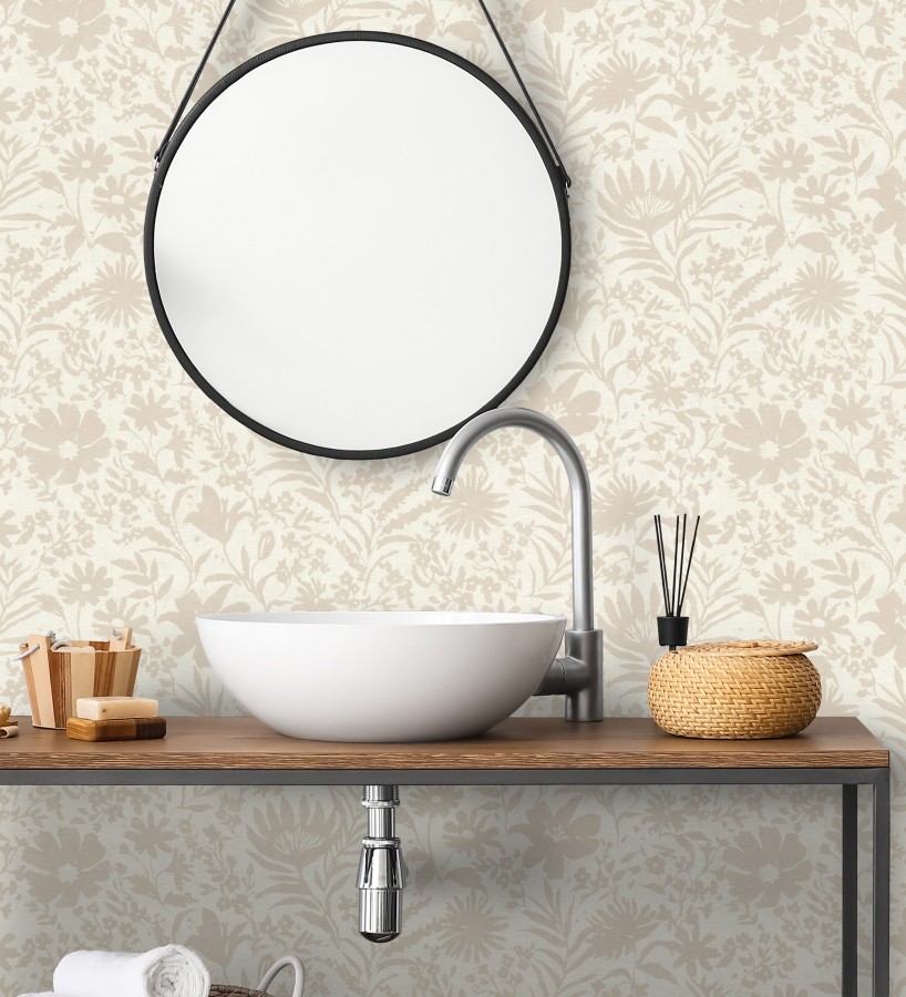 Papel pintado lienzo botánico de flores texturizado beige  Zinnia Sketch 685132