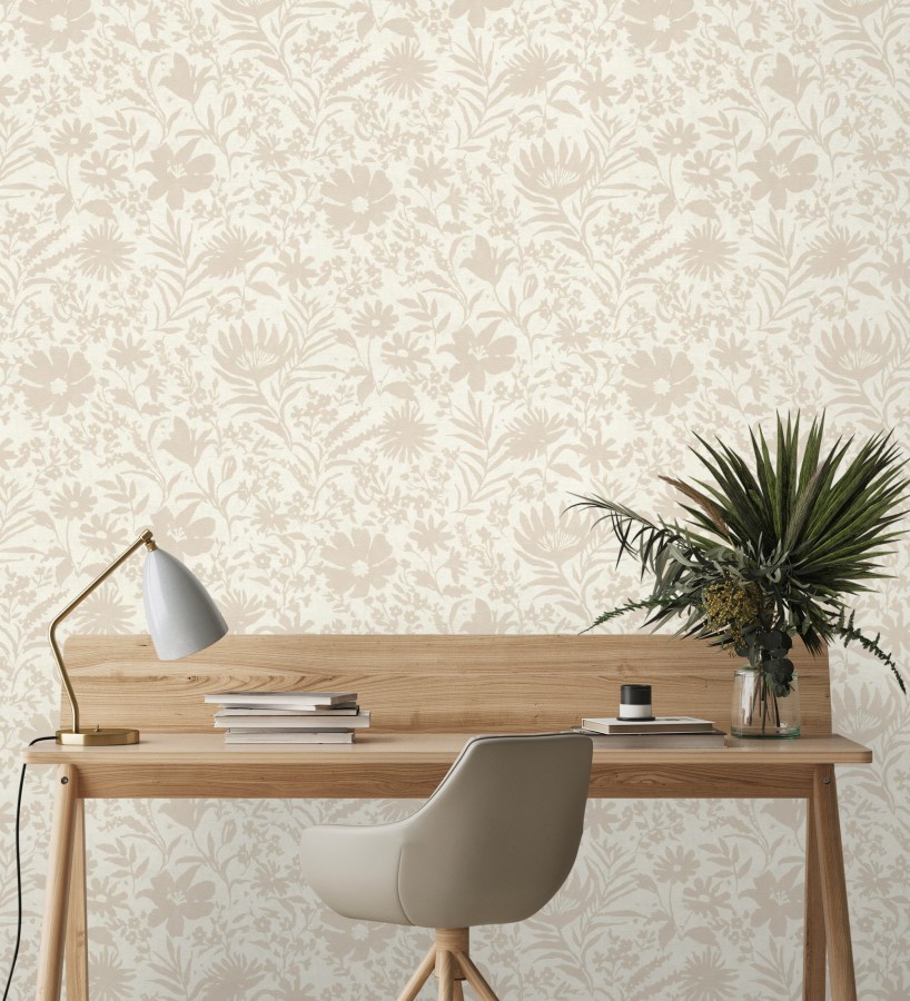 Papel pintado lienzo botánico de flores texturizado beige  Zinnia Sketch 685132