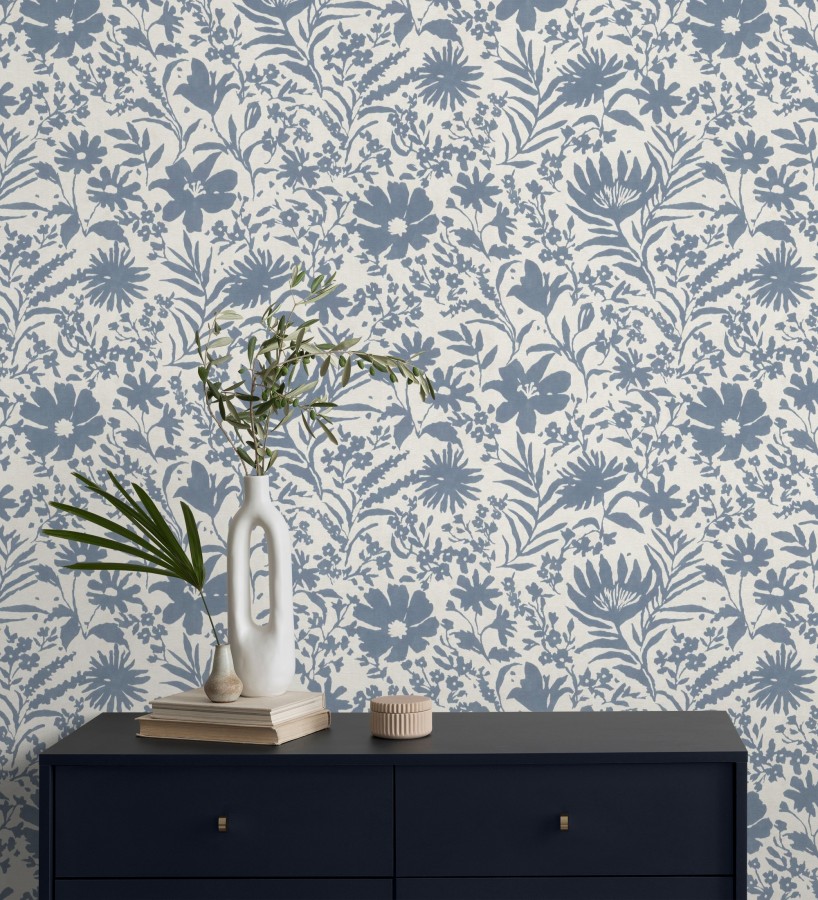 Papel pintado lienzo botánico de flores texturizado azul  Zinnia Sketch 685133