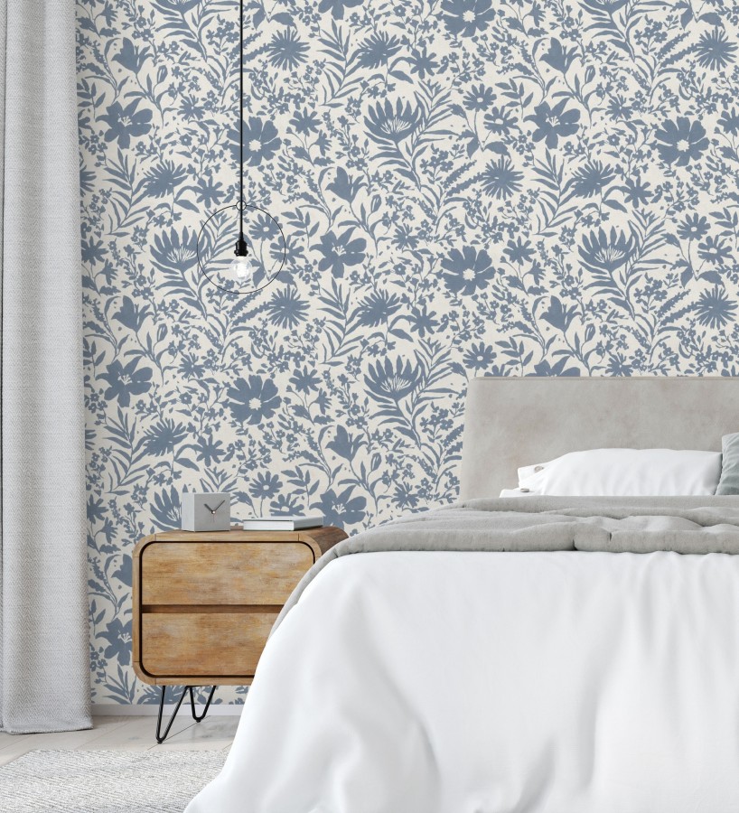 Papel pintado lienzo botánico de flores texturizado azul  Zinnia Sketch 685133