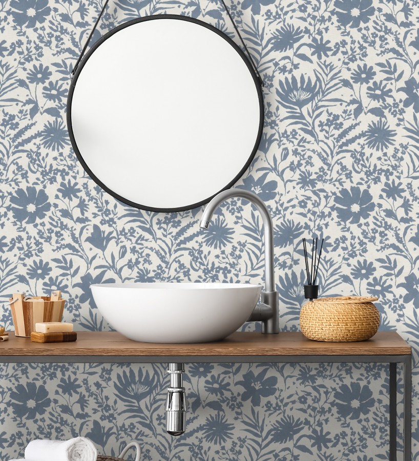 Papel pintado lienzo botánico de flores texturizado azul  Zinnia Sketch 685133
